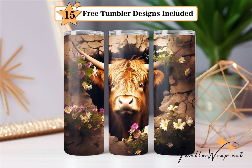 floral-highland-cow-tumbler-wrap-sublimation-design