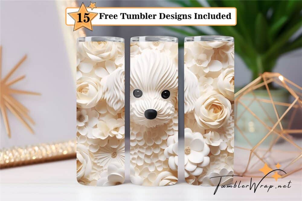 3d-white-floral-dog-tumbler-wrap-sublimation-design