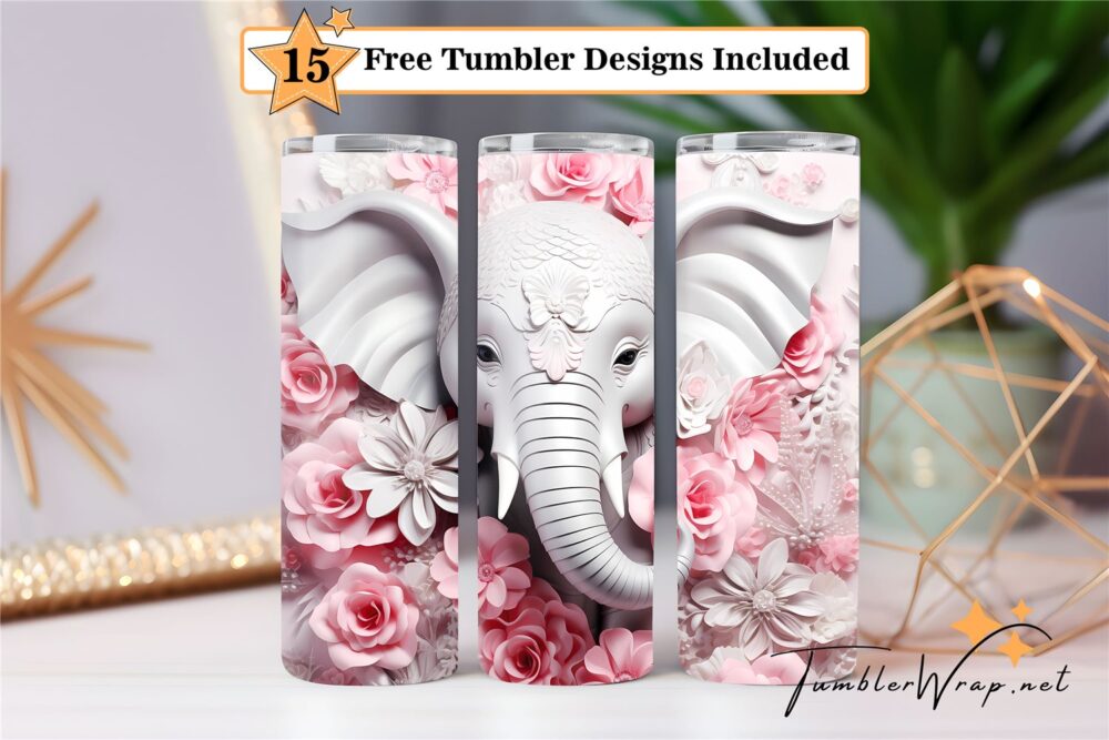 3d-elephant-with-flowers-tumbler-wrap-sublimation-design