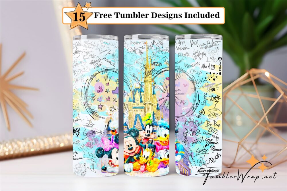 mickey-mouse-minnie-mouse-daisy-duck-donald-duck-castle-watercolor-tumbler-png-disney-tumbler-20-oz-skinny
