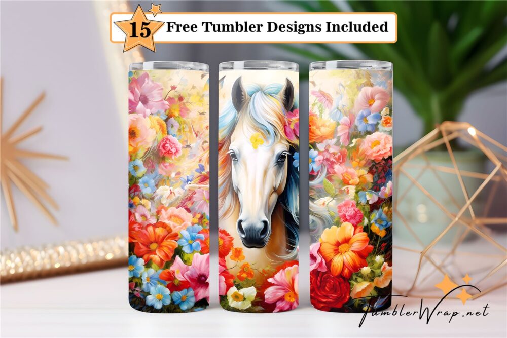 floral-white-horse-20-oz-tumbler-wrap-sublimation-designs